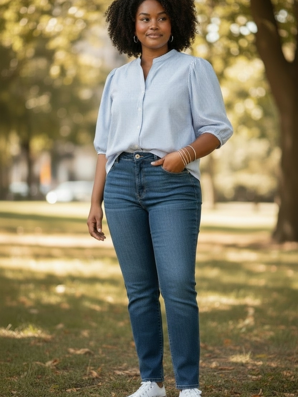 Liz Claiborne Light Blue Pinstripe Puff Sleeve Blouse